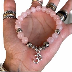 Rose quartz gems silver om sign bead bracelet